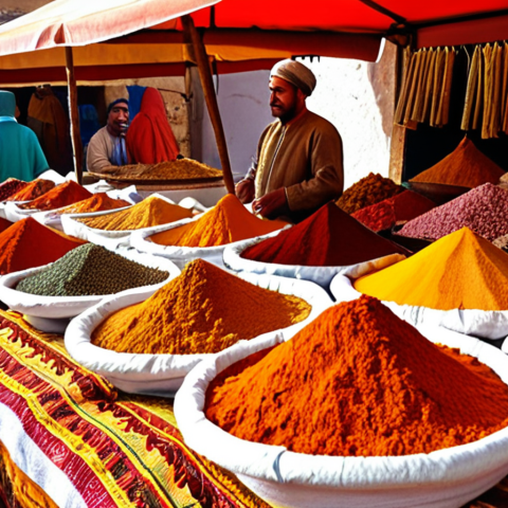 **

A vibrant Moroccan spice market stall overflowing with Ras el Hanout. Sacks of colorful spices are arranged artistically. In the background, a bustling Medina scene can be seen with people in traditional clothing. Focus on the textures and colors of the spices (cardamom, cloves, cinnamon, turmeric etc). Sunlight streaming through the market adds to the atmosphere.
**