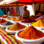 **

A vibrant Moroccan spice market stall overflowing with Ras el Hanout. Sacks of colorful spices are arranged artistically. In the background, a bustling Medina scene can be seen with people in traditional clothing. Focus on the textures and colors of the spices (cardamom, cloves, cinnamon, turmeric etc). Sunlight streaming through the market adds to the atmosphere.
**