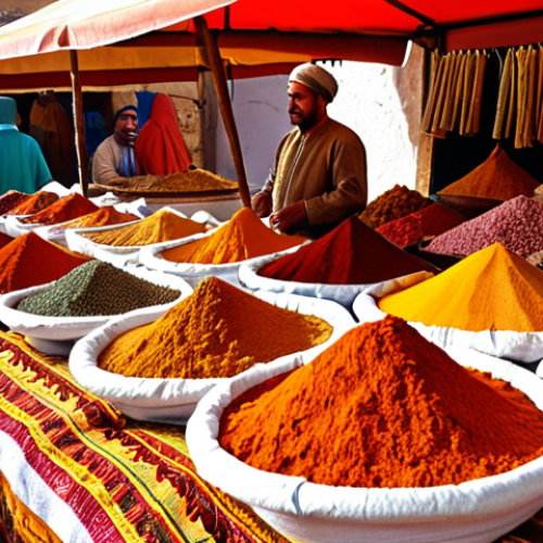 **

A vibrant Moroccan spice market stall overflowing with Ras el Hanout. Sacks of colorful spices are arranged artistically. In the background, a bustling Medina scene can be seen with people in traditional clothing. Focus on the textures and colors of the spices (cardamom, cloves, cinnamon, turmeric etc). Sunlight streaming through the market adds to the atmosphere.
**