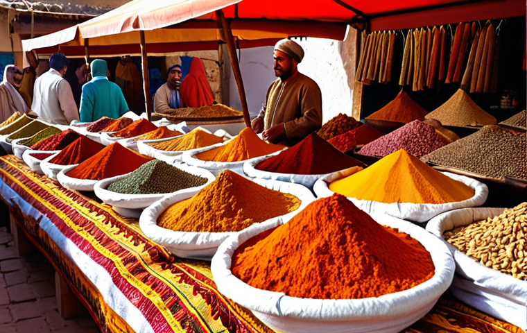 **
A vibrant Moroccan spice market stall overflowing with Ras el Hanout. Sacks of colorful spices are arranged artistically. In the background, a bustling Medina scene can be seen with people in traditional clothing. Focus on the textures and colors of the spices (cardamom, cloves, cinnamon, turmeric etc). Sunlight streaming through the market adds to the atmosphere.
**
