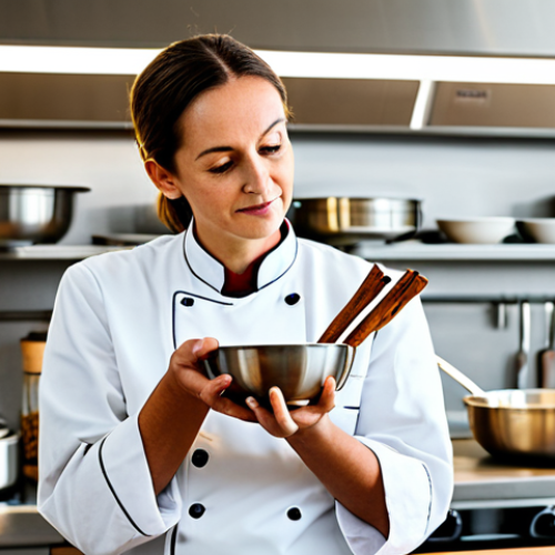 A professional female chef, fully clothed in a modest chef's uniform, standing in a clean, modern kitchen. She is holding a small bowl of vibrant spices (such as saffron, cumin, and cinnamon sticks) in one hand, while the other hand gestures slightly as if explaining the molecular dance of aromas. Subtle, stylized abstract molecular structures of spice compounds float around the spices, indicating their volatile nature. The kitchen is well-lit, with stainless steel surfaces and a warm, inviting atmosphere. Professional photography, sharp focus, natural pose, perfect anatomy, correct proportions, well-formed hands, proper finger count, natural body proportions, safe for work, appropriate content, family-friendly, high quality.