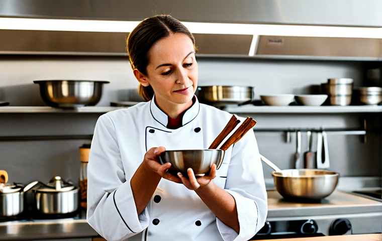 A professional female chef, fully clothed in a modest chef's uniform, standing in a clean, modern kitchen. She is holding a small bowl of vibrant spices (such as saffron, cumin, and cinnamon sticks) in one hand, while the other hand gestures slightly as if explaining the molecular dance of aromas. Subtle, stylized abstract molecular structures of spice compounds float around the spices, indicating their volatile nature. The kitchen is well-lit, with stainless steel surfaces and a warm, inviting atmosphere. Professional photography, sharp focus, natural pose, perfect anatomy, correct proportions, well-formed hands, proper finger count, natural body proportions, safe for work, appropriate content, family-friendly, high quality.