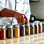 A professional chef, fully clothed in a clean chef's jacket, meticulously selecting and arranging various colorful Mediterranean spice jars and loose spices on a polished wooden countertop in a brightly lit, organized professional kitchen. The scene emphasizes the vibrant hues of the spices and the precise act of blending. A small, dry pan suitable for toasting spices is subtly visible. The background features a clean, modern kitchen environment. Professional photography, high quality, perfect anatomy, correct proportions, well-formed hands, proper finger count, natural body proportions, natural pose, safe for work, appropriate content, modest clothing, family-friendly.