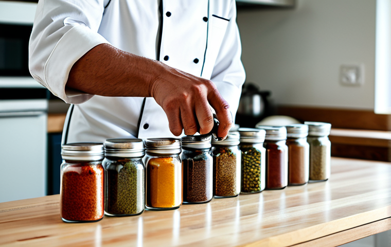 A professional chef, fully clothed in a clean chef's jacket, meticulously selecting and arranging various colorful Mediterranean spice jars and loose spices on a polished wooden countertop in a brightly lit, organized professional kitchen. The scene emphasizes the vibrant hues of the spices and the precise act of blending. A small, dry pan suitable for toasting spices is subtly visible. The background features a clean, modern kitchen environment. Professional photography, high quality, perfect anatomy, correct proportions, well-formed hands, proper finger count, natural body proportions, natural pose, safe for work, appropriate content, modest clothing, family-friendly.