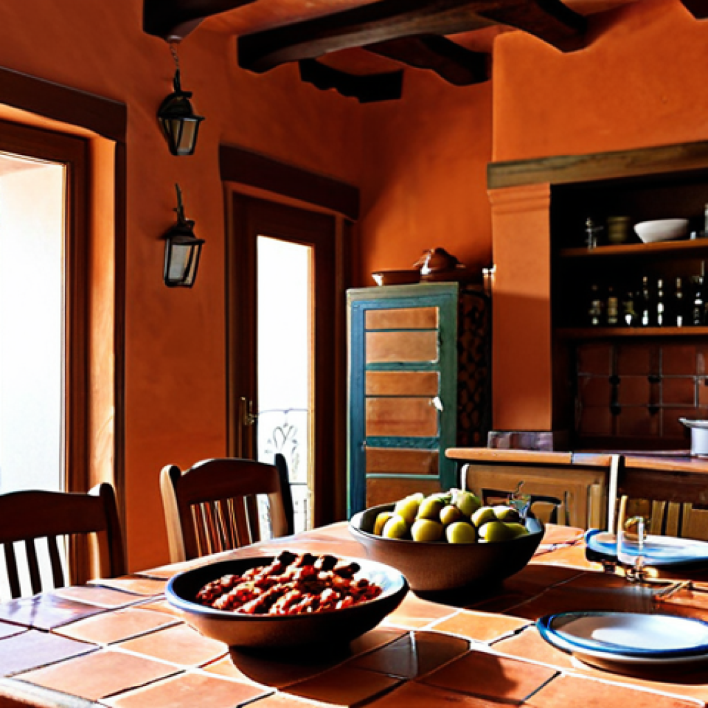 Rustic Spanish Kitchen**

"A sunlit Spanish kitchen, terracotta tiles, a wooden table laden with tapas &ndash; chorizo, Manchego cheese, olives &ndash; seasoned with piment&oacute;n ahumado and oregano. A bottle of robust Rioja wine sits nearby.  Warm, inviting atmosphere. Perfect anatomy, correct proportions, well-formed hands, proper finger count, natural body proportions. Safe for work, appropriate content, fully clothed, professional, modest, family-friendly, high resolution."

**