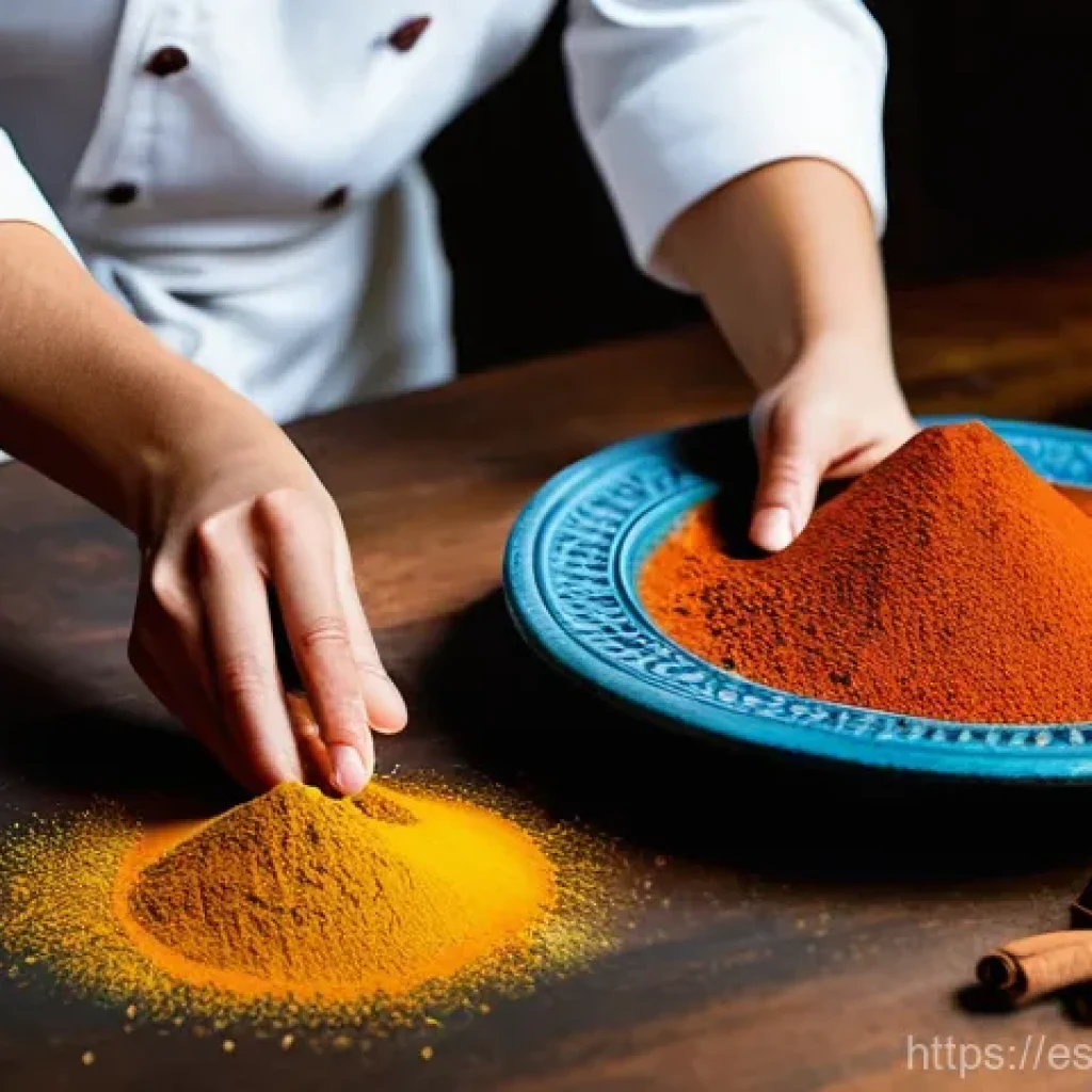 향신료 블렌드의 지역별 특징과 응용 - A vibrant, close-up shot of a chef's hands, possibly a woman, gracefully arranging various whole and...