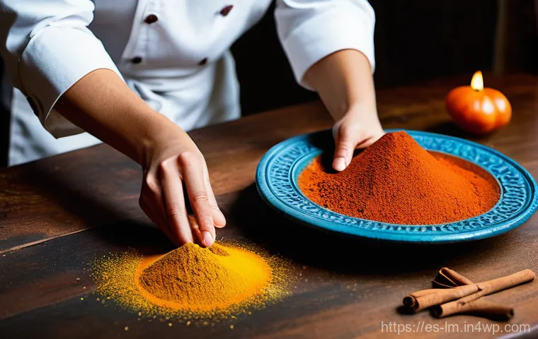 향신료 블렌드의 지역별 특징과 응용 - A vibrant, close-up shot of a chef's hands, possibly a woman, gracefully arranging various whole and...