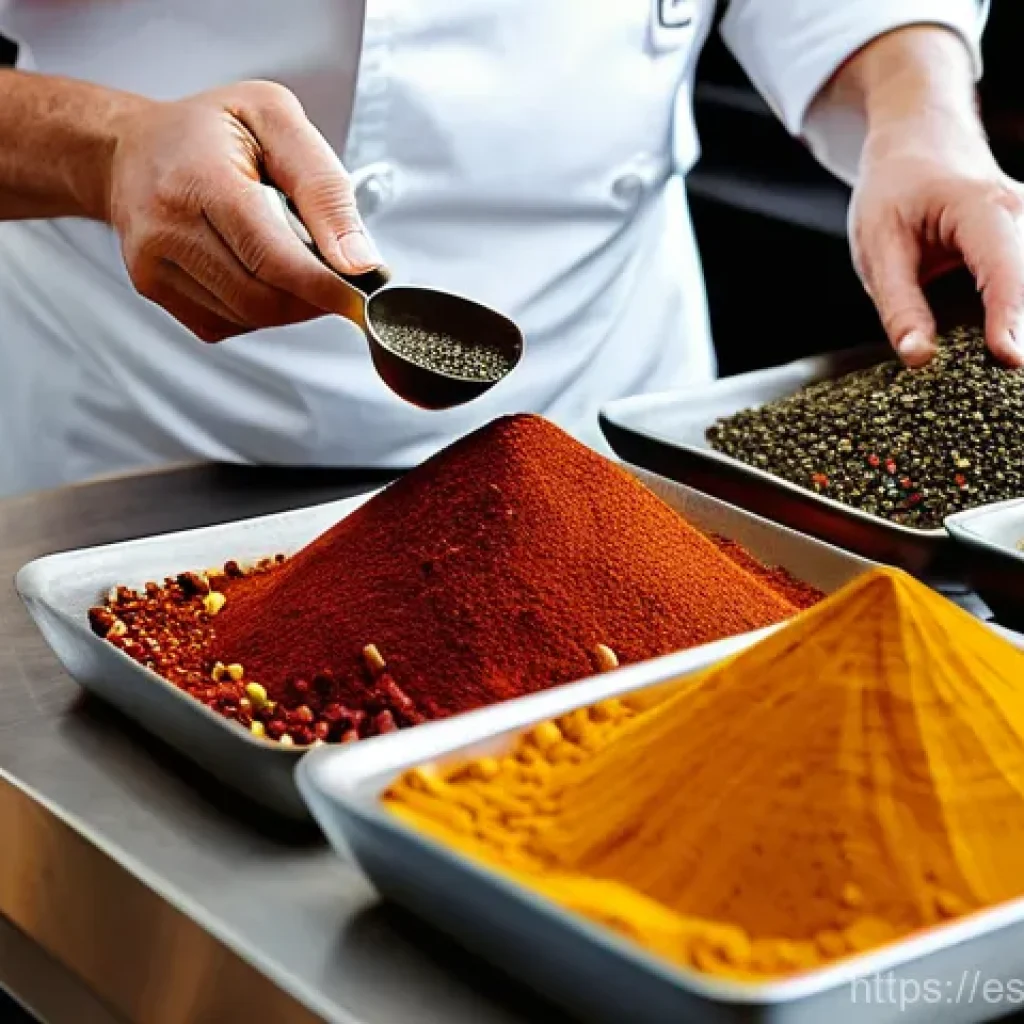 향신료 블렌드의 매력을 극대화하는 레시피 - **Prompt: Artisan Spice Blending in a Chef's Kitchen**
A close-up, high-angle shot focusing on a...