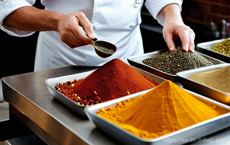 향신료 블렌드의 매력을 극대화하는 레시피 - **Prompt: Artisan Spice Blending in a Chef's Kitchen**
A close-up, high-angle shot focusing on a...