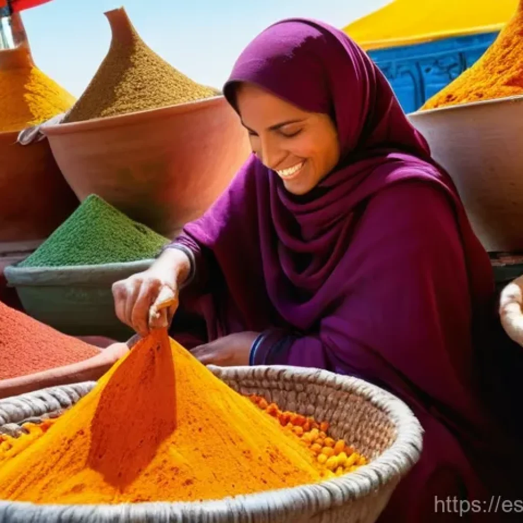각국 향신료 블렌드의 인기 비결 - **Prompt:** A vibrant, bustling Moroccan spice market stall, filled with towering, conical mounds of...