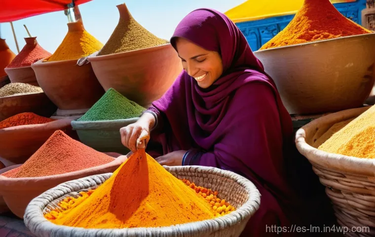 각국 향신료 블렌드의 인기 비결 - **Prompt:** A vibrant, bustling Moroccan spice market stall, filled with towering, conical mounds of...