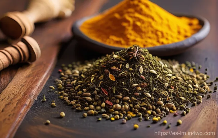 각국 향신료 블렌드의 인기 비결 - **Prompt:** A vibrant, bustling Moroccan spice market stall, filled with towering, conical mounds of...
