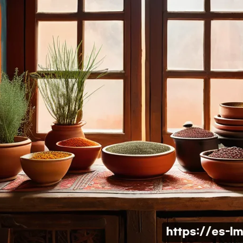 향신료 블렌드의 지역적 응용 사례 - A vibrant Moroccan kitchen scene featuring a rustic wooden table adorned with colorful bowls filled ...