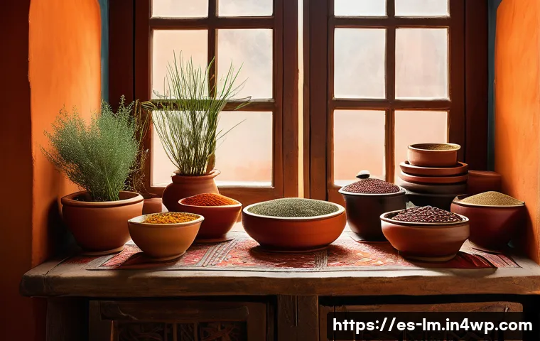 향신료 블렌드의 지역적 응용 사례 - A vibrant Moroccan kitchen scene featuring a rustic wooden table adorned with colorful bowls filled ...