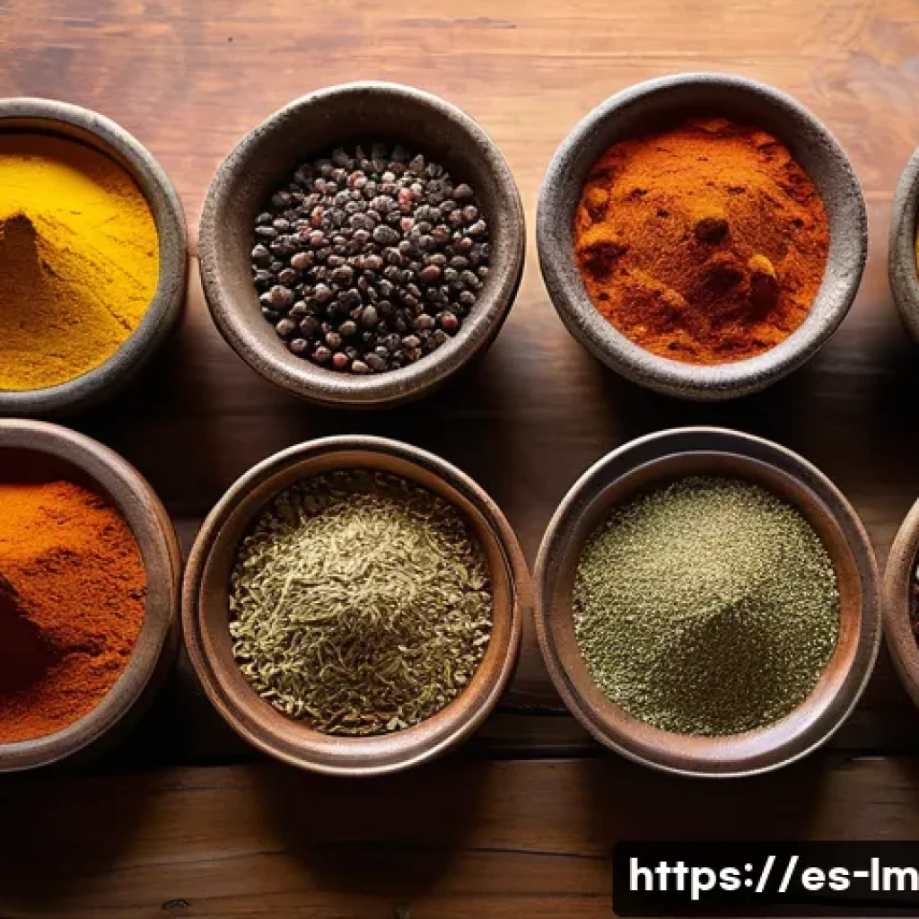 향신료 블렌드의 역사적 기원과 발전 - A vibrant, detailed still life of traditional spice blends from around the world arranged on a rusti...