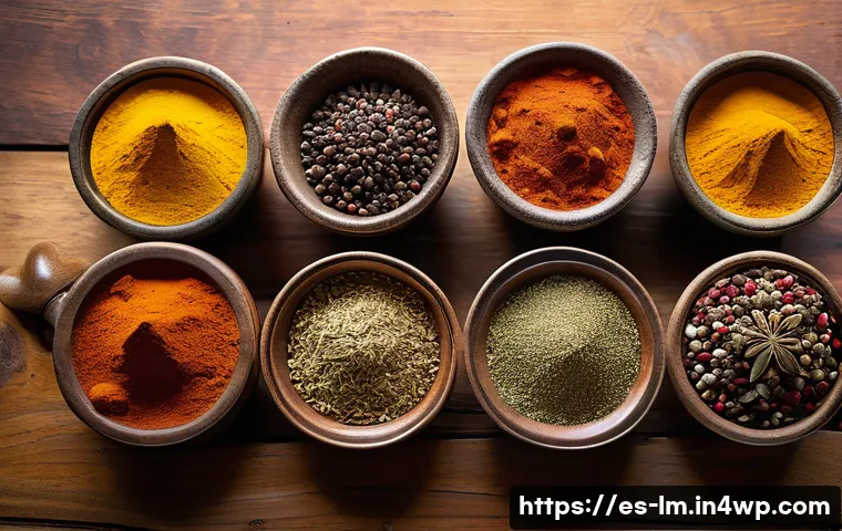 향신료 블렌드의 역사적 기원과 발전 - A vibrant, detailed still life of traditional spice blends from around the world arranged on a rusti...