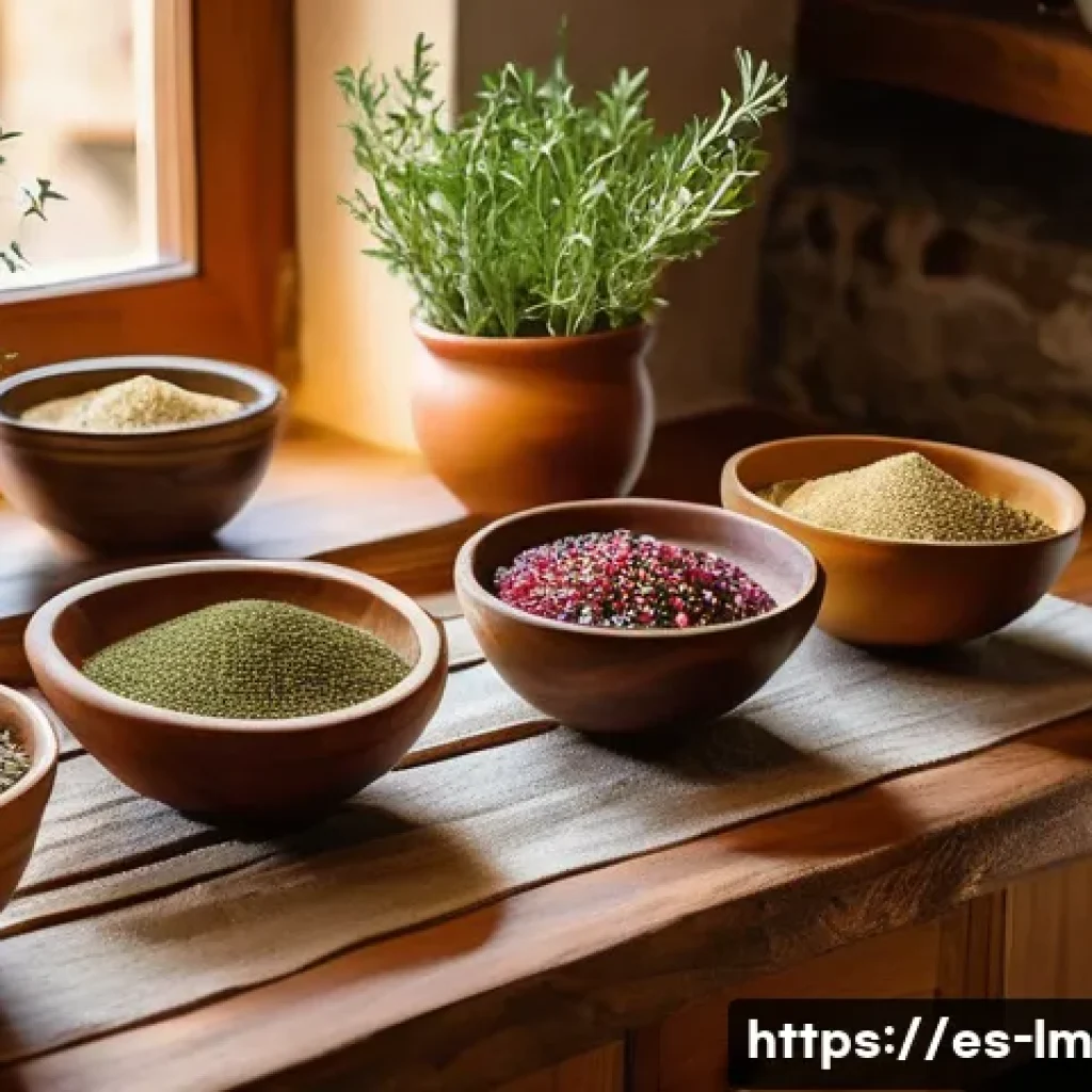 전통 향신료 블렌드의 현대적 재해석 - A vibrant kitchen scene showcasing a rustic wooden table filled with traditional spice blends from M...