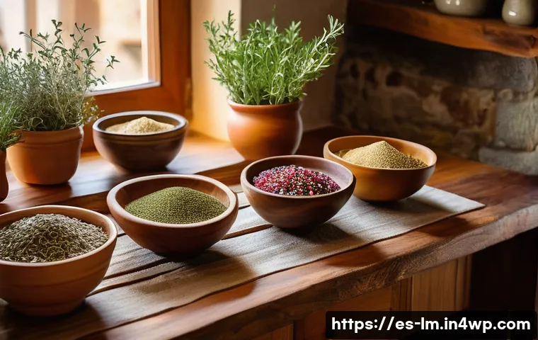 전통 향신료 블렌드의 현대적 재해석 - A vibrant kitchen scene showcasing a rustic wooden table filled with traditional spice blends from M...