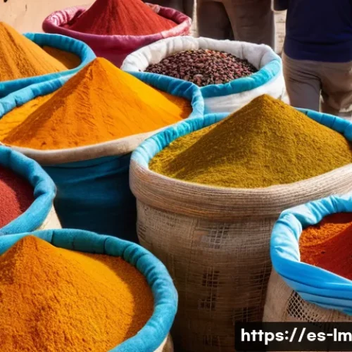 Home 33 향신료 블렌드의 생산과 유통 과정 - A vibrant market scene in a Spanish town showcasing local spice vendors with colorful sacks of spice...