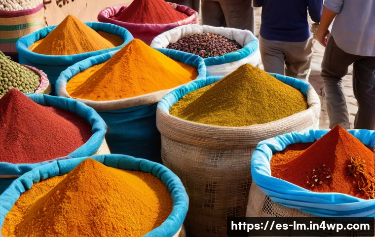 향신료 블렌드의 생산과 유통 과정 - A vibrant market scene in a Spanish town showcasing local spice vendors with colorful sacks of spice...
