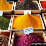 Home 20 향신료 블렌드의 가격 차이와 이유 - A vibrant, rustic spice market scene in Spain featuring carefully arranged piles of colorful spices ...