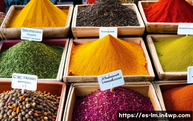 향신료 블렌드의 가격 차이와 이유 - A vibrant, rustic spice market scene in Spain featuring carefully arranged piles of colorful spices ...