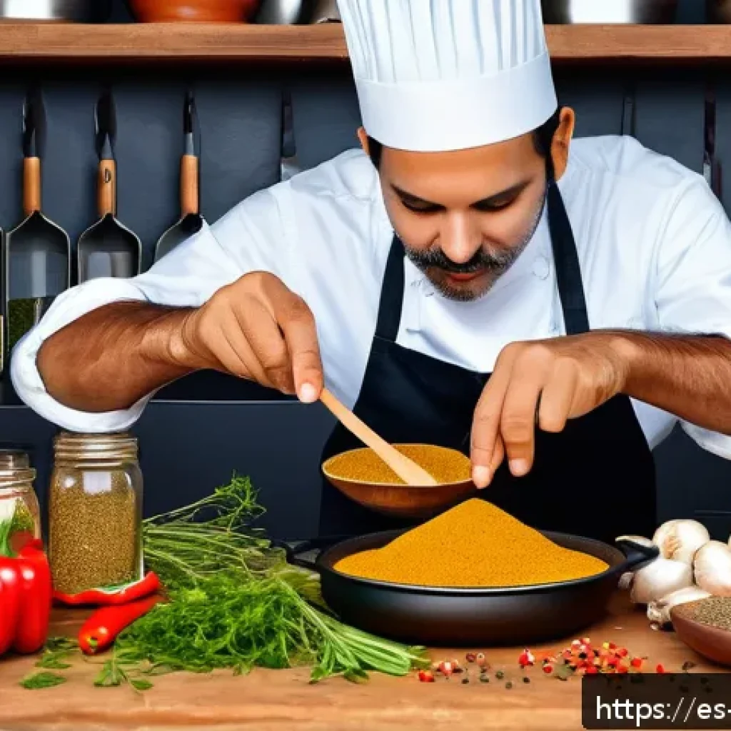 향신료 블렌드를 통해 만드는 세계 요리 - A vibrant kitchen scene featuring a home cook in a cozy, warmly lit Spanish-style kitchen experiment...