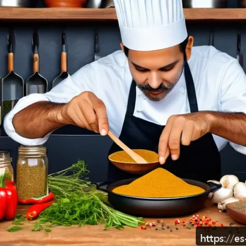 Home 31 향신료 블렌드를 통해 만드는 세계 요리 - A vibrant kitchen scene featuring a home cook in a cozy, warmly lit Spanish-style kitchen experiment...