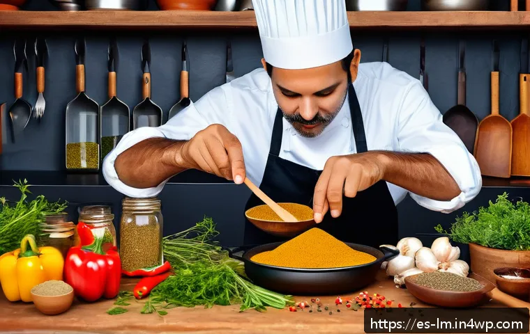 향신료 블렌드를 통해 만드는 세계 요리 - A vibrant kitchen scene featuring a home cook in a cozy, warmly lit Spanish-style kitchen experiment...