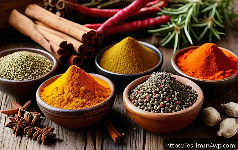 향신료 블렌드의 지역적 특성 이해하기 - A vibrant, detailed still life of traditional spice blends from around the world arranged on a rusti...