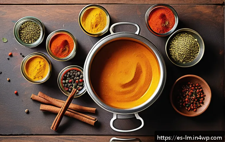 향신료 블렌드의 영양 가치와 이점 - A vibrant kitchen scene showcasing a rustic wooden table filled with an assortment of colorful spice...