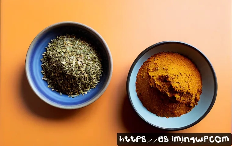 향신료 블렌드의 맛 비교와 조화 - Photorealistic overhead kitchen table scene comparing Mediterranean and Latin American spice blends,...