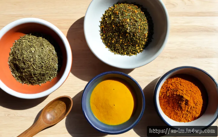 Home 17 향신료 블렌드의 선택과 활용법 - Photorealistic overhead view of a sunlit Spanish home kitchen table, four small ceramic bowls of dis...